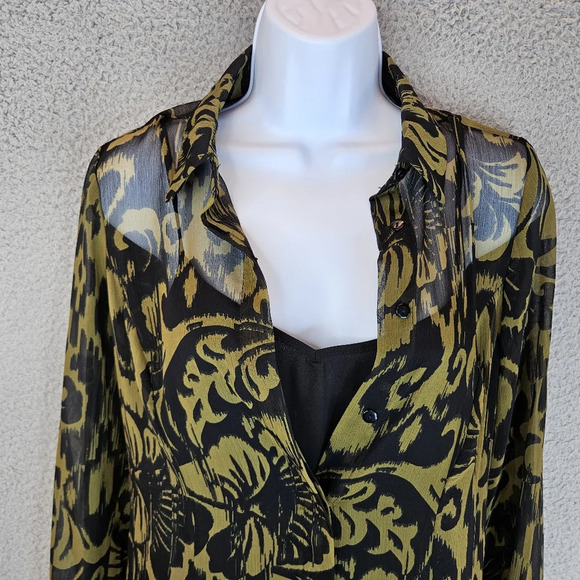 1. State Women's Green & Black Abstract Chiffon Lined Shirt Dress Sz XS - Picture 3 of 12